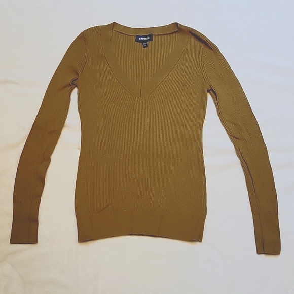 Express Sweaters - Express small olive green stretchy fitted ribbed v-neck sweater